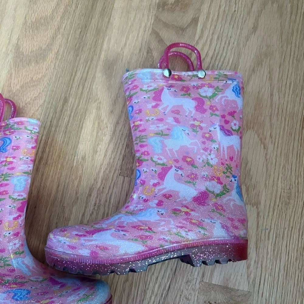 Girls Pink Unicorn Print Rain Boots with Easy Pull Handles Sz 13/1 Members Mark
